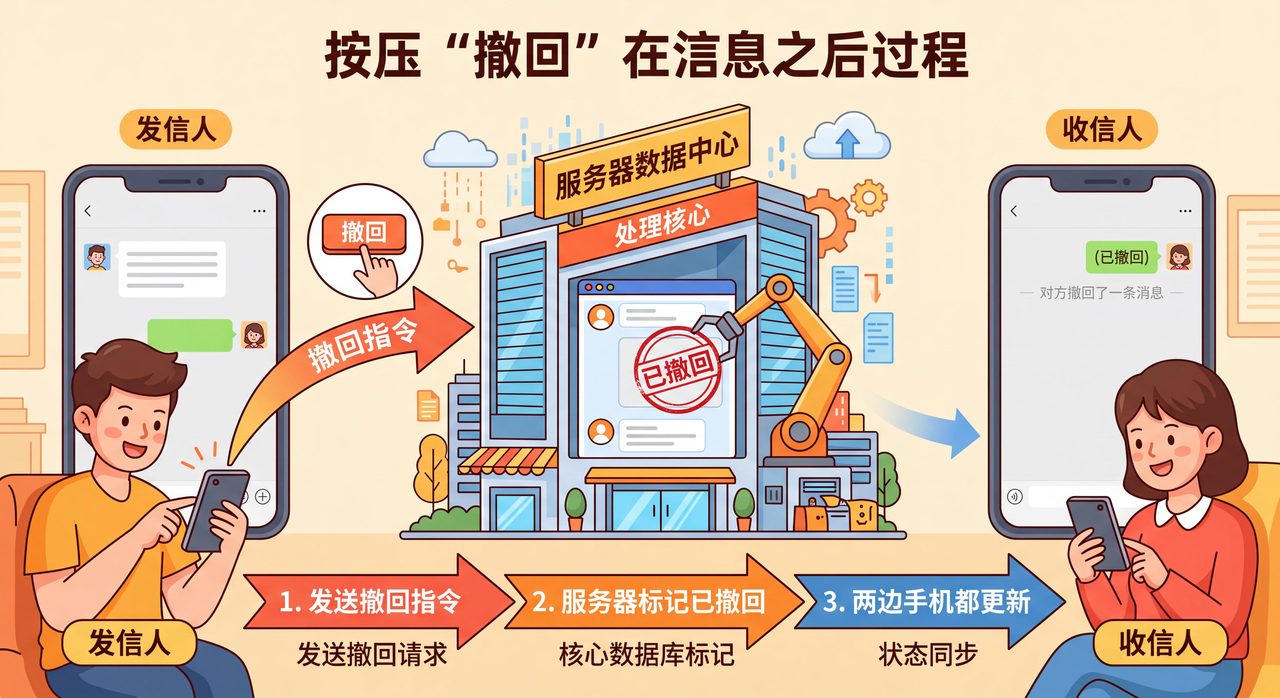 撤回指令发出后服务器与两端手机的更新流程