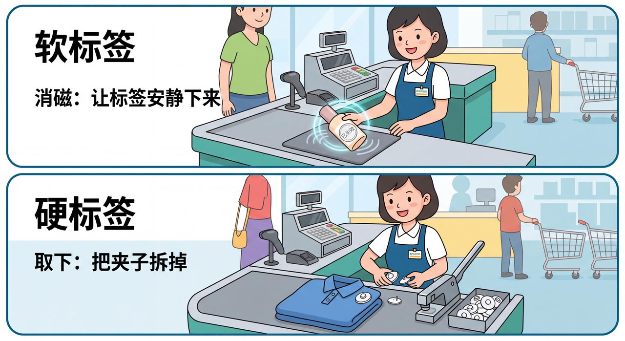 结账时软标签消磁与硬标签取下的过程示意图