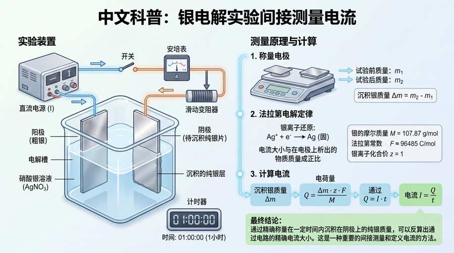 银电解实验与电流测量示意图