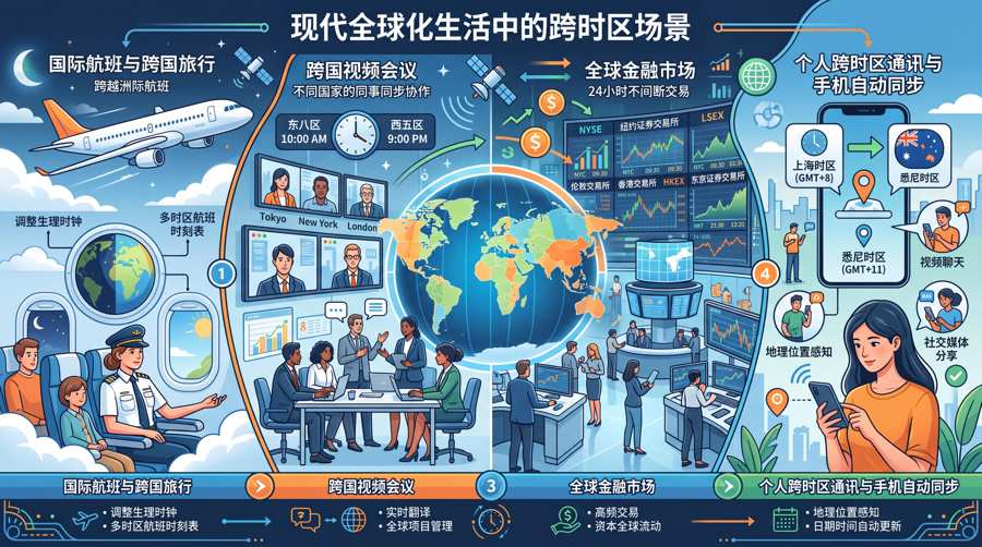 现代全球化跨时区生活场景拼贴