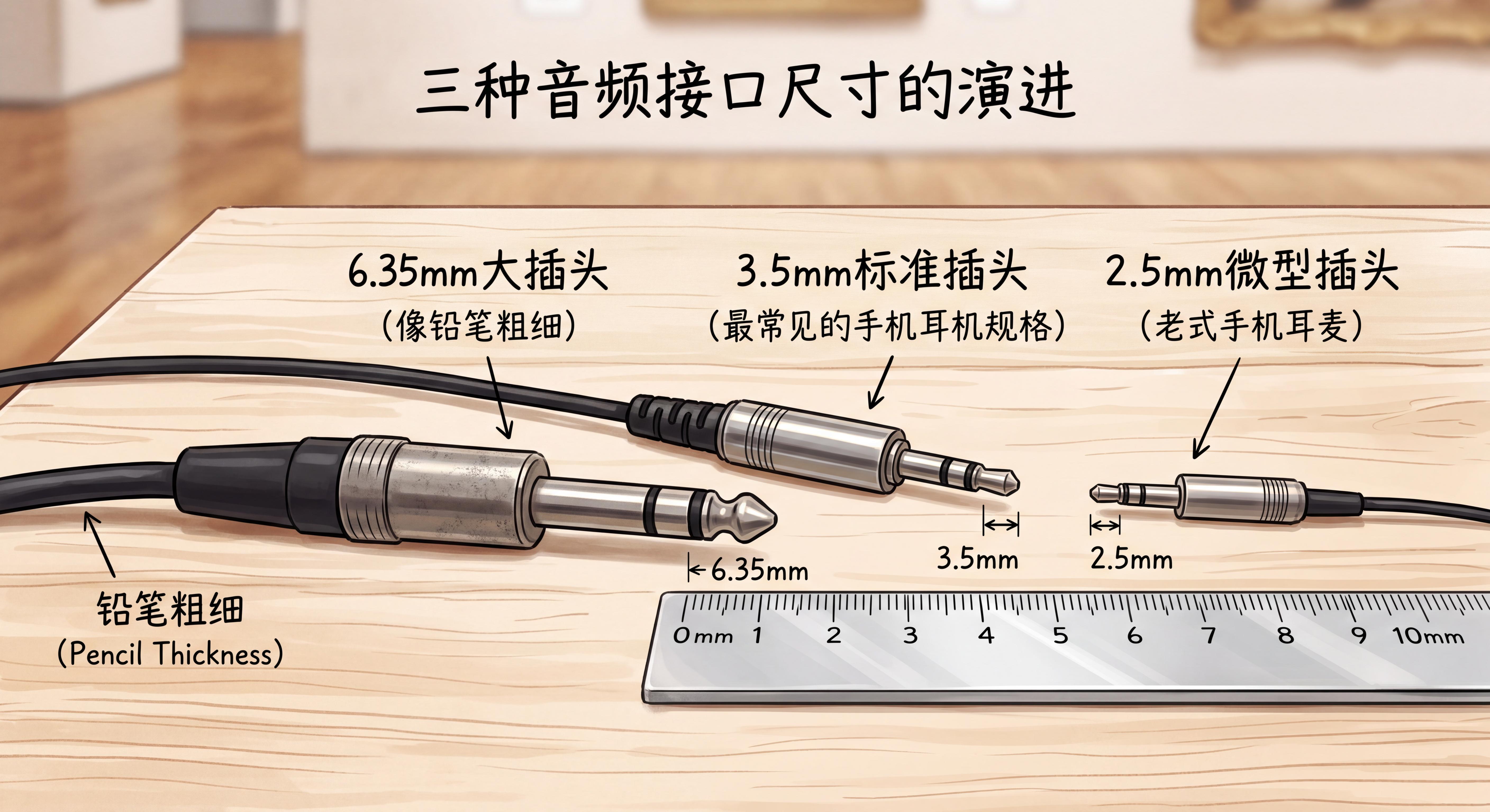 6.35mm、3.5mm、2.5mm 三种接口尺寸对比