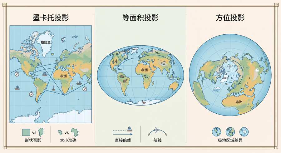 三类投影对比示意