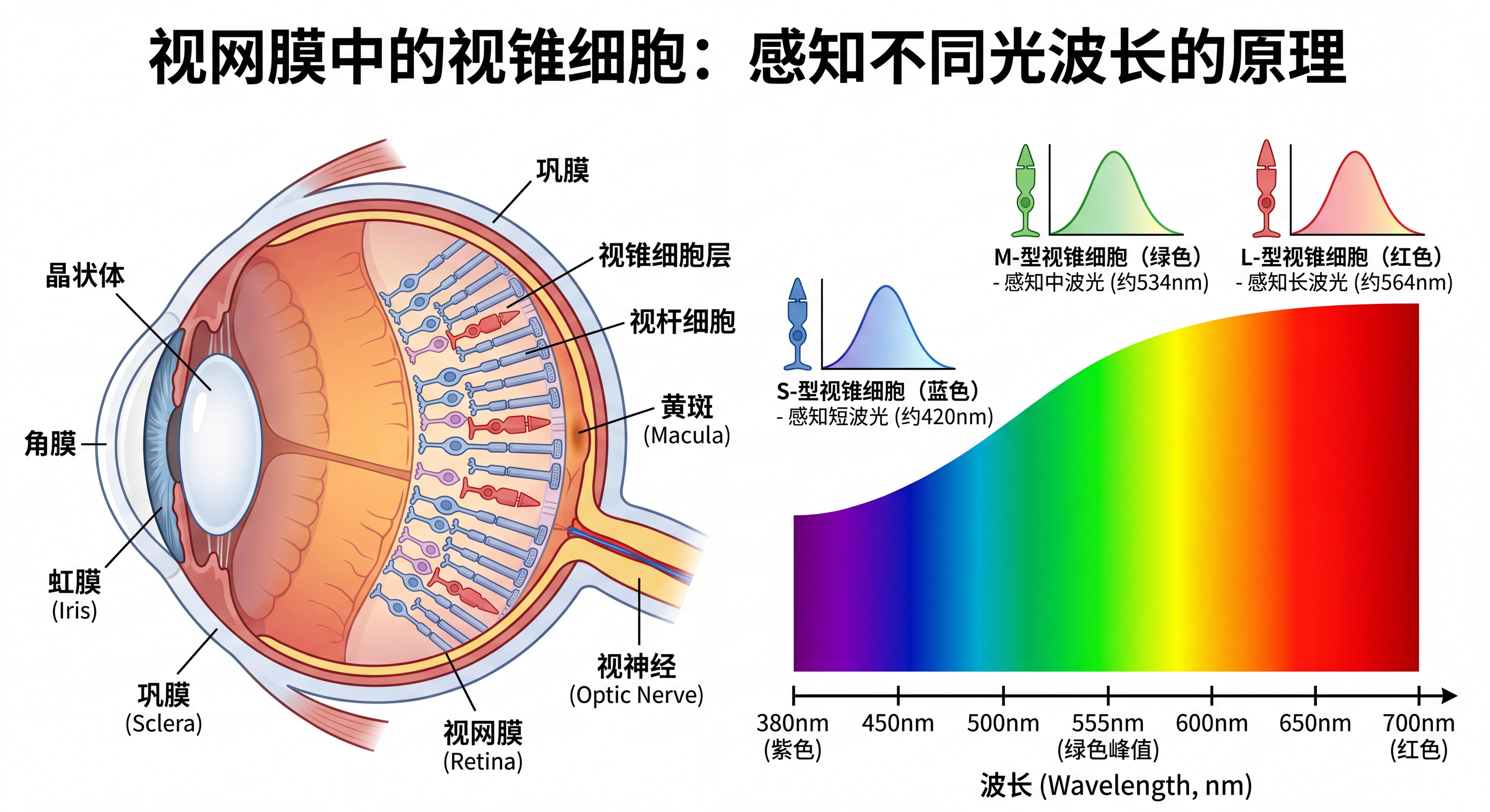 人眼视锥细胞与可见光波长示意图