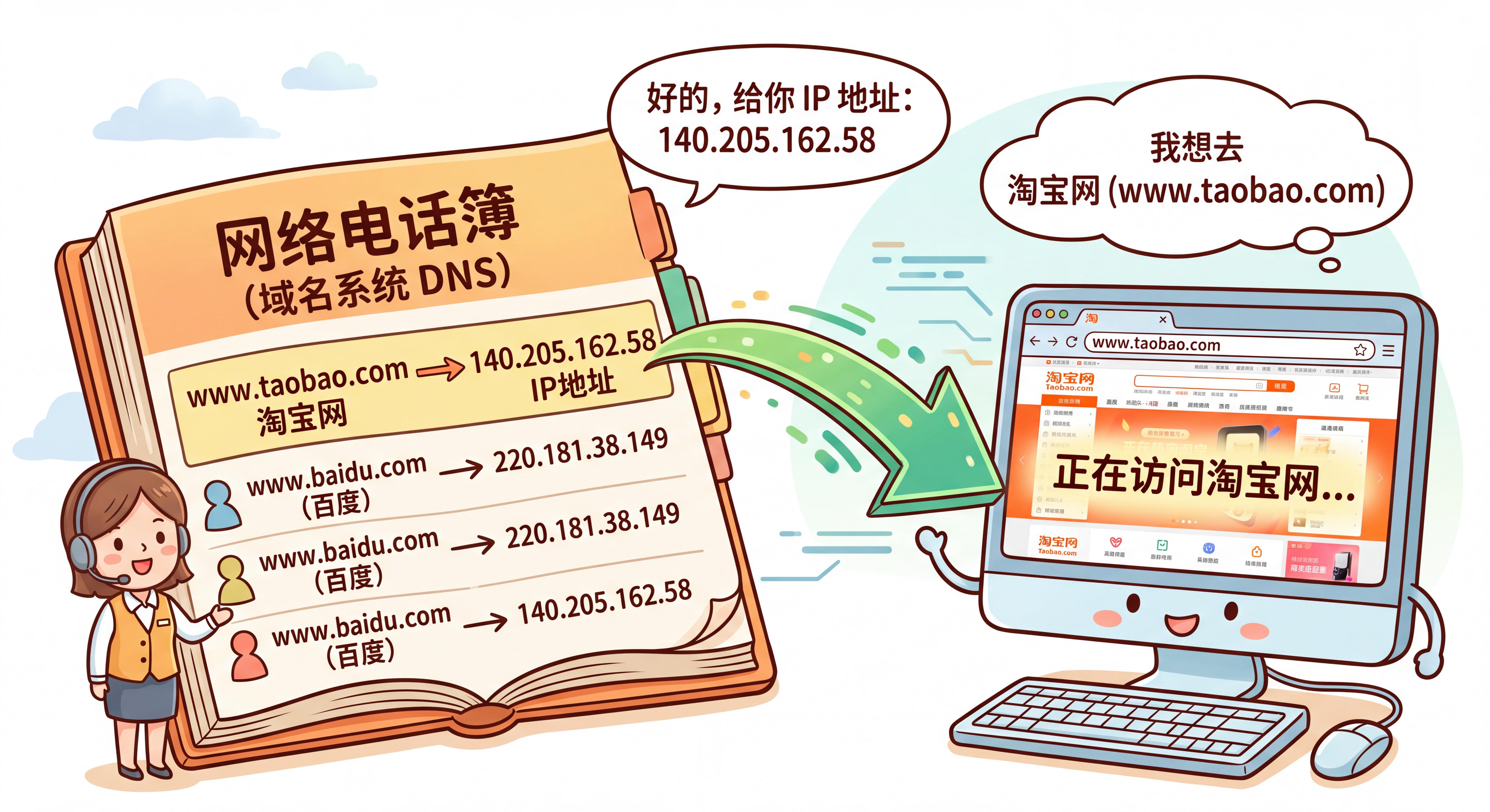 DNS 域名解析像网络电话簿的示意